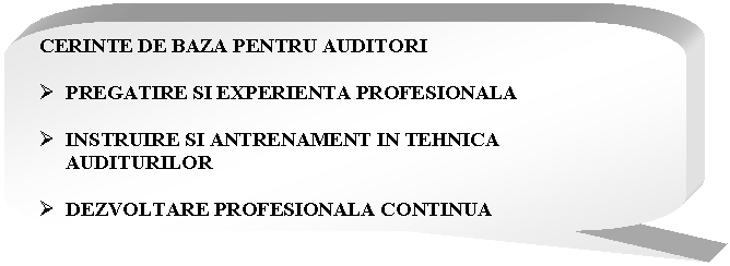 Rounded Rectangular Callout: CERINTE DE BAZA PENTRU AUDITORI

 PREGATIRE SI EXPERIENTA PROFESIONALA

 INSTRUIRE SI ANTRENAMENT IN TEHNICA AUDITURILOR 

 DEZVOLTARE PROFESIONALA CONTINUA



