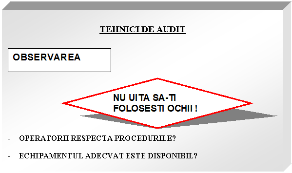 Text Box: TEHNICI DE AUDIT

 
 
- OPERATORII RESPECTA PROCEDURILE?

- ECHIPAMENTUL ADECVAT ESTE DISPONIBIL?


