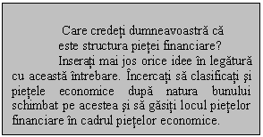 Text Box:                
              Care credeti dumneavoastra ca
              este structura pietei financiare?
              Inserati mai jos orice idee in legatura cu aceasta intrebare. Incercati sa clasificati si pietele economice dupa natura bunului schimbat pe acestea si sa gasiti locul pietelor financiare in cadrul pietelor economice.













