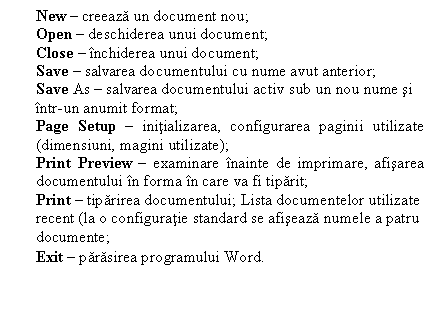 Text Box: New  creeaza un document nou; 
Open  deschiderea unui document; 
Close  nchiderea unui document; 
Save  salvarea documentului cu nume avut anterior;
Save As  salvarea documentului activ sub un nou nume si ntr-un anumit format; 
Page Setup  initializarea, configurarea paginii utilizate (dimensiuni, magini utilizate); 
Print Preview  examinare nainte de imprimare, afisarea documentului n forma n care va fi tiparit;
Print  tiparirea documentului; Lista documentelor utilizate recent (la o configuratie standard se afiseaza numele a patru documente; 
Exit  parasirea programului Word.
