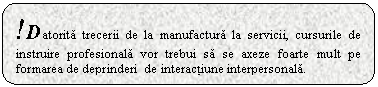 Rounded Rectangle: !Datorita trecerii de la manufactura la servicii, cursurile de instruire profesionala vor trebui sa se axeze foarte mult pe formarea de deprinderi de interactiune interpersonala.

