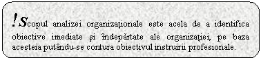 Rounded Rectangle: !Scopul analizei organizationale este acela de a identifica obiective imediate si indepartate ale organizatiei, pe baza acesteia putandu-se contura obiectivul instruirii profesionale.

