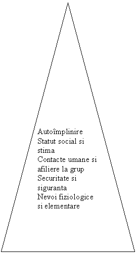 Isosceles Triangle: Autoimplinire
Statut social si stima
Contacte umane si afiliere la grup
Securitate si siguranta
Nevoi fiziologice si elementare 

