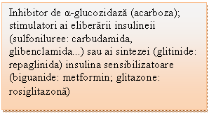 Text Box: Inhibitor de α-glucozidaza (acarboza); stimulatori ai eliberarii insulineii (sulfoniluree: carbudamida, glibenclamida) sau ai sintezei (glitinide: repaglinida) insulina sensibilizatoare (biguanide: metformin; glitazone: rosiglitazona)